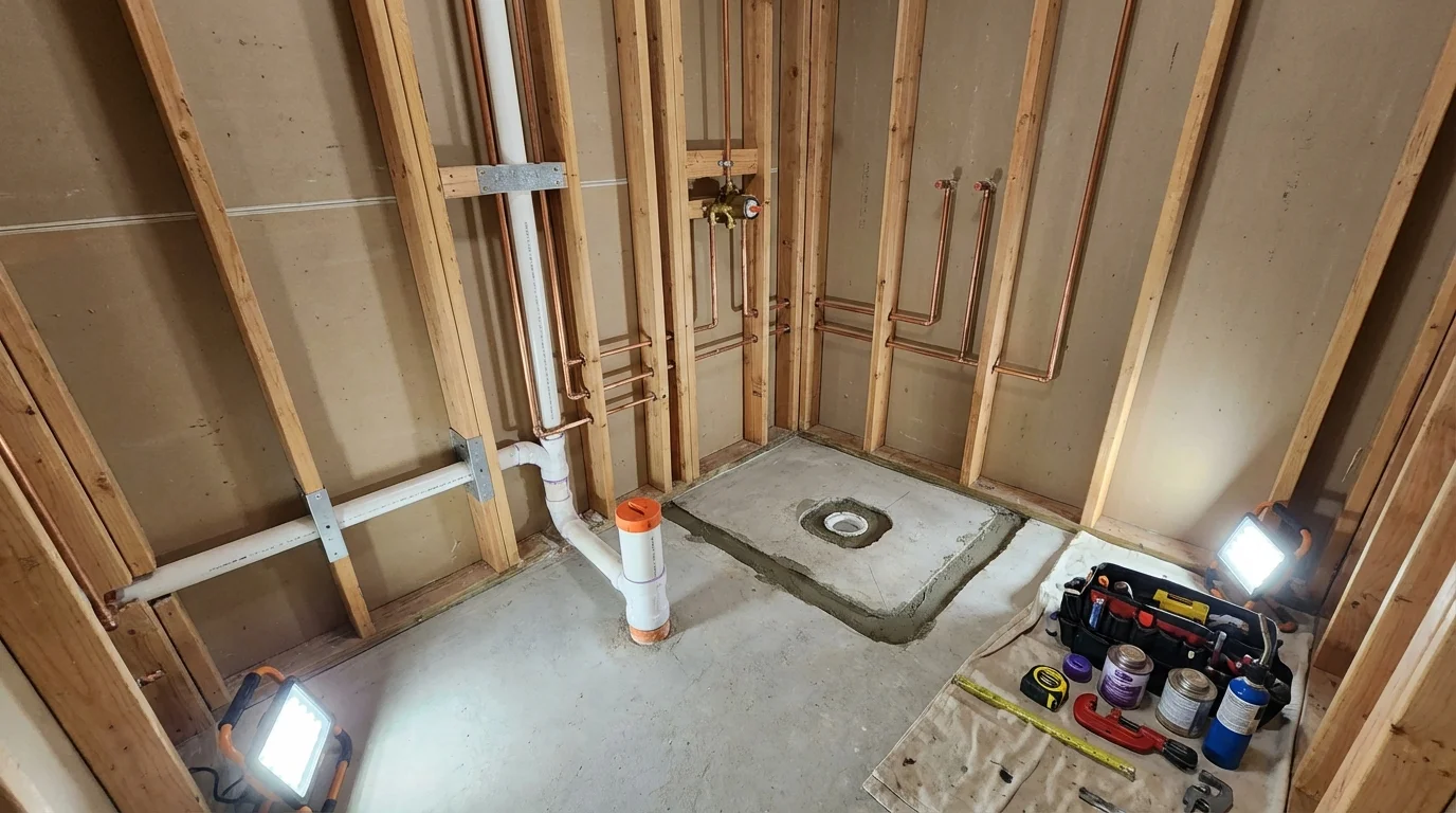 Bathroom rough-in plumbing during remodel by Johns Plumbing LLC in Liberty Hill