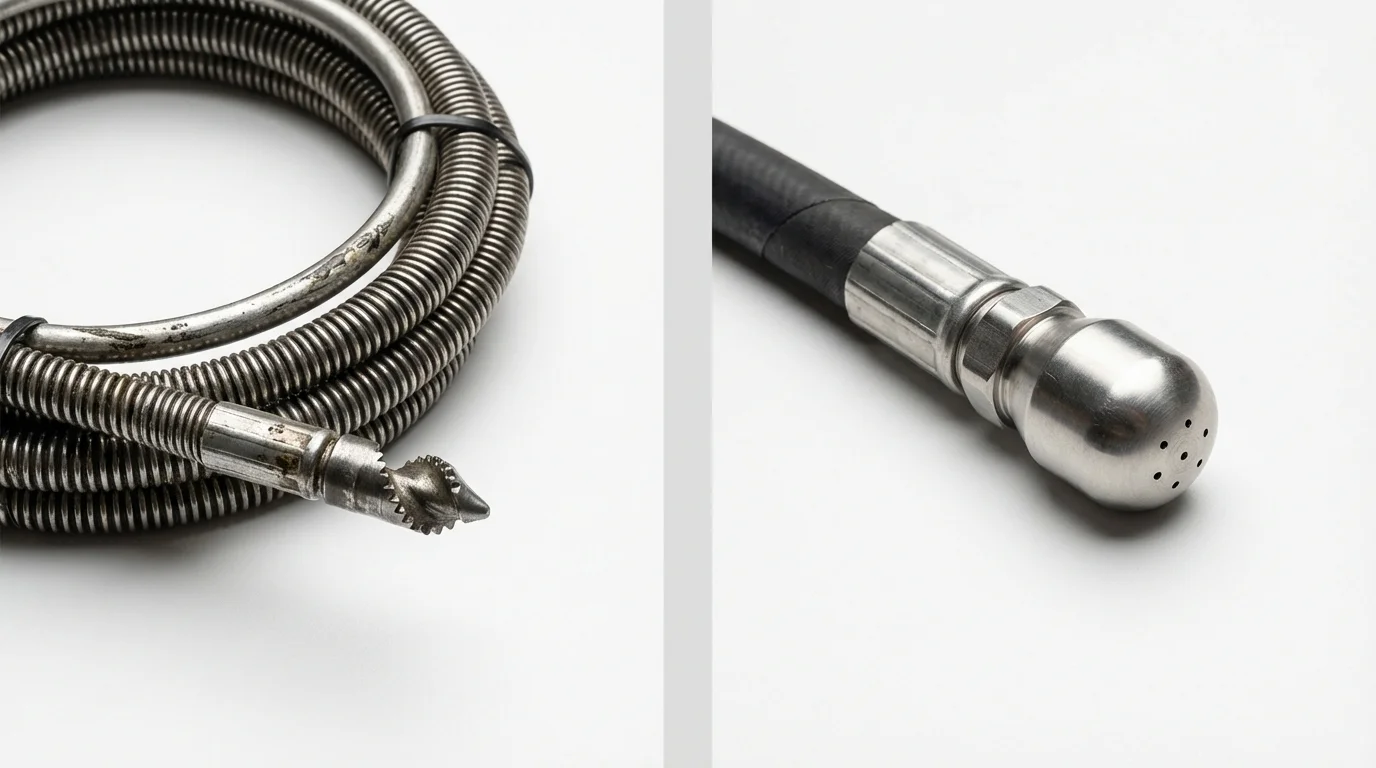 Drain snake cable and hydro jetting nozzle used for drain cleaning in Liberty Hill, TX