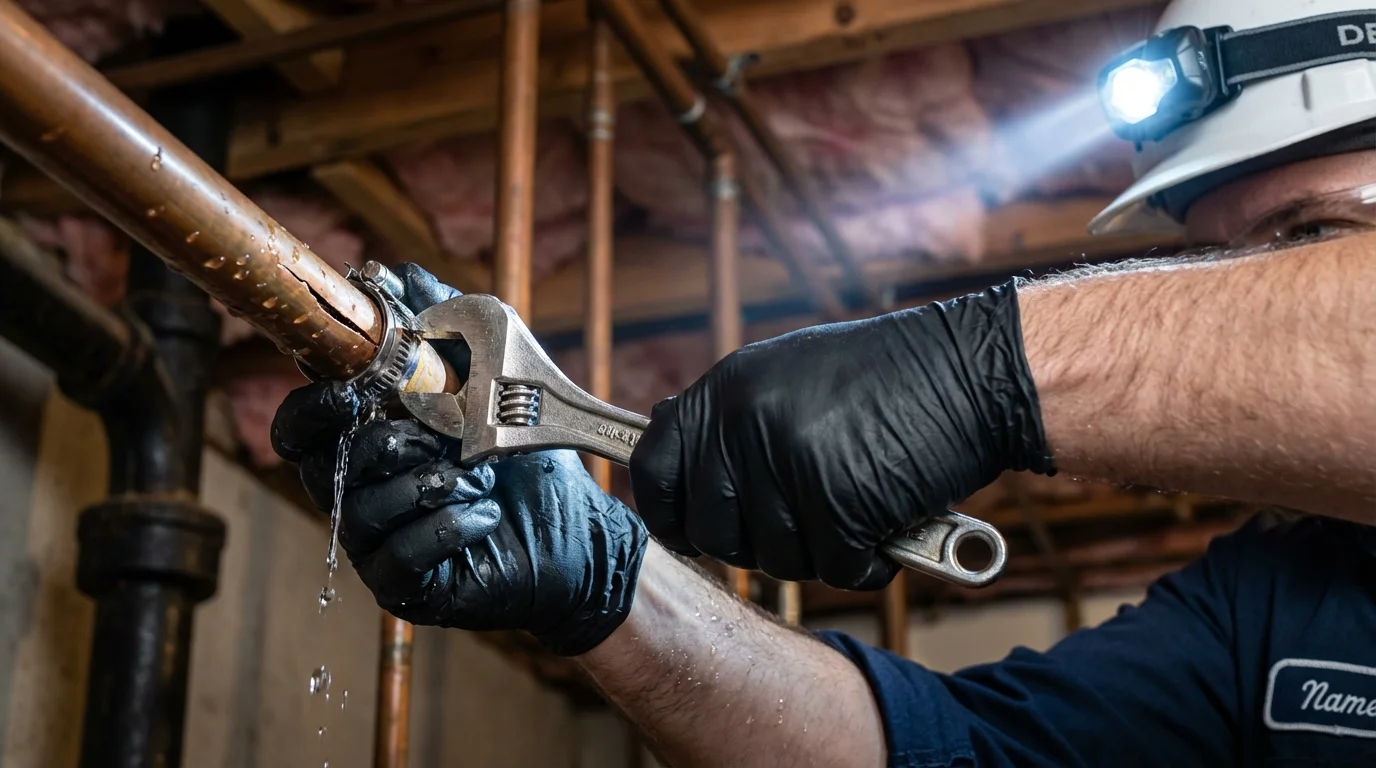 Emergency pipe clamp repair being performed by a Johns Plumbing LLC plumber in Liberty Hill