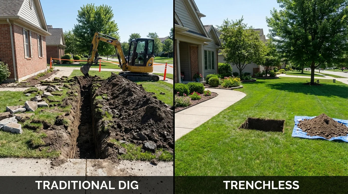 Trenchless sewer repair with minimal yard damage versus traditional excavation in Liberty Hill, TX