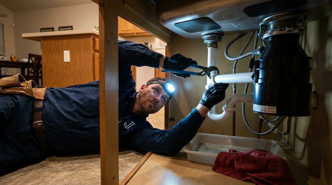 P-trap and supply line connections under a kitchen sink showing a common leak point in Liberty Hill, TX